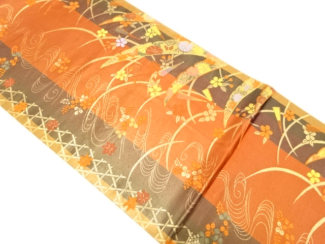 JAPANESE KIMONO / VINTAGE FUKURO OBI / WOVEN FLORAL PLANTS & STRIPE